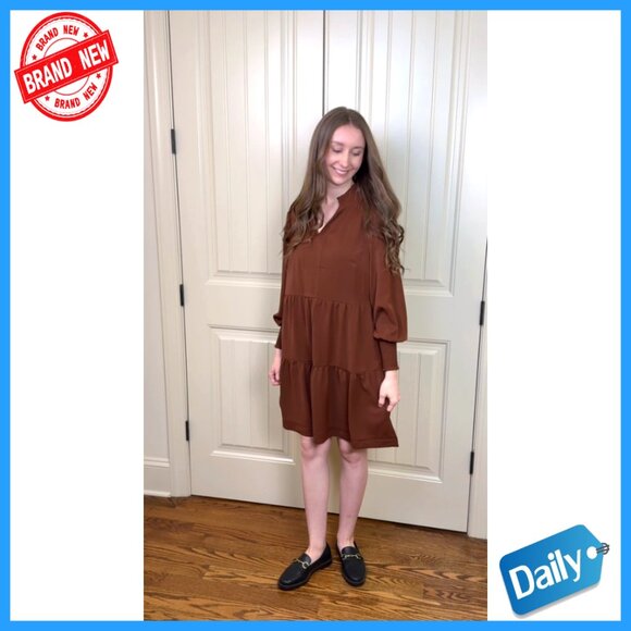 Long Sleeve Tunic Dress V Neck Ruffle Tiered Casual Elegant Fall Wear - Picture 6 of 7